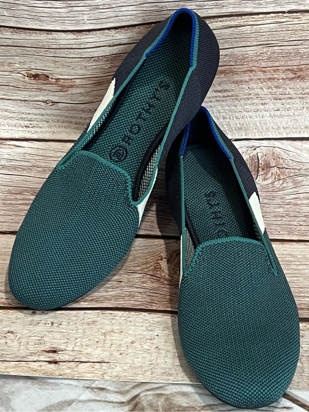 Rothy's Green and Black Knit Slip-On Flats with Blue Trim